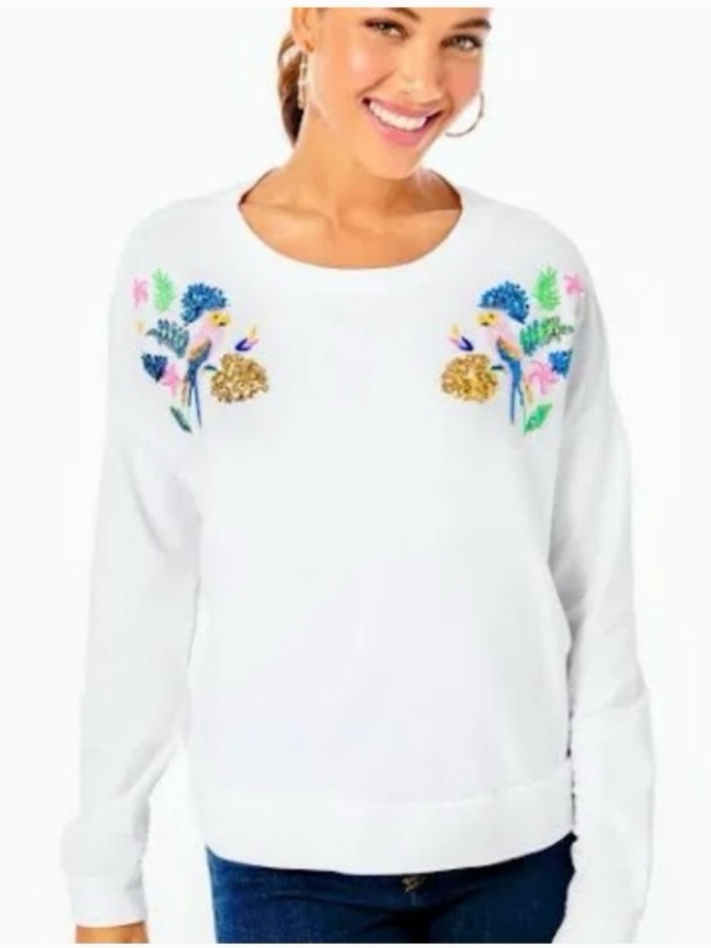 Lilly Pulitzer Sheridan Sweatshirt Embroidered Sequins Parrot White Top *FLAW